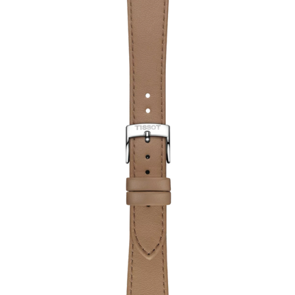 Brown watch strap with Tissot logo on a white background