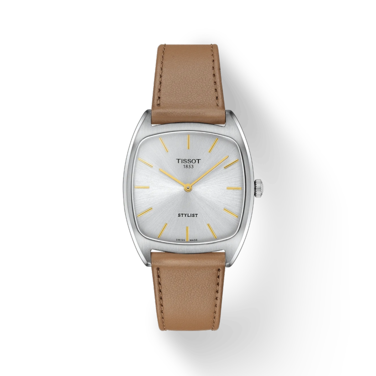 Tissot watch with brown leather strap on a white background