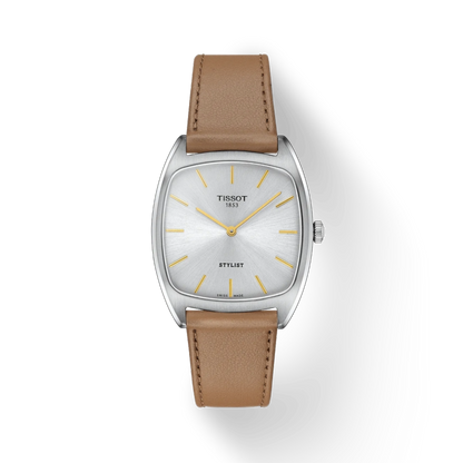 Tissot watch with brown leather strap on a white background