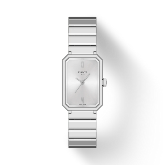Silver Tissot watch on a white background