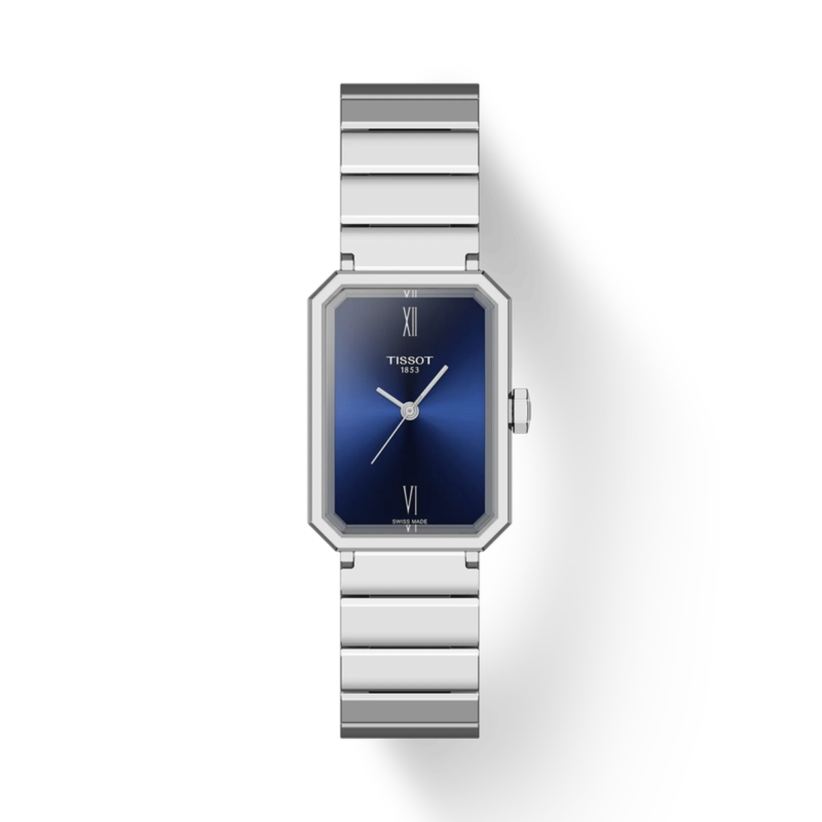 Silver Tissot watch with blue face on a white background