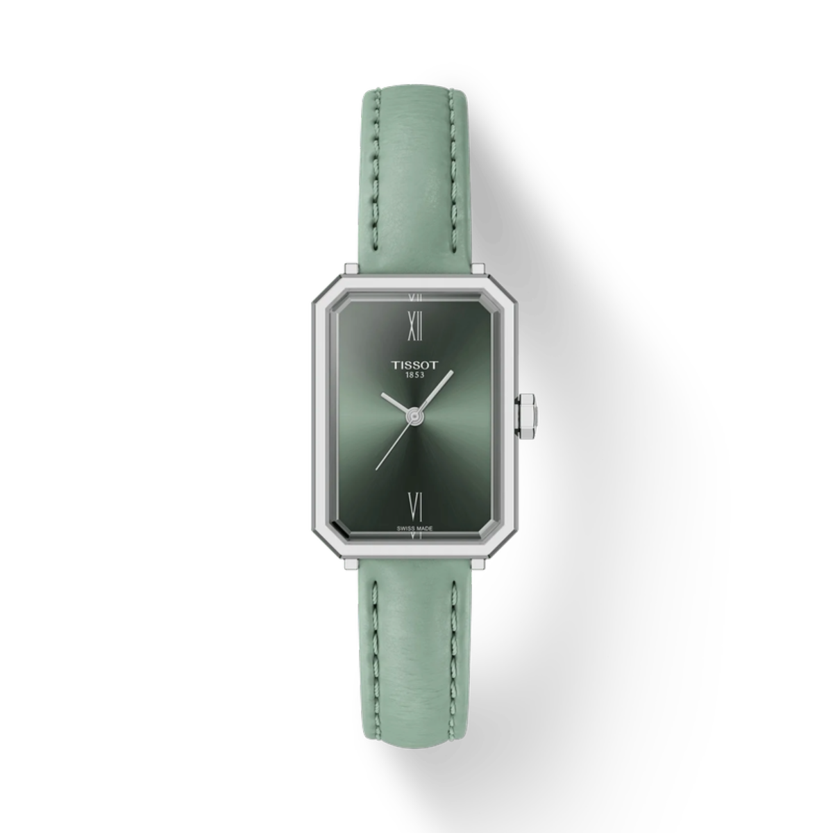 Green watch with silver case on a white background