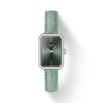 Green watch with silver case on a white background