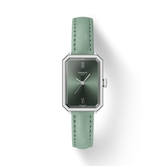 Green watch with silver case on a white background