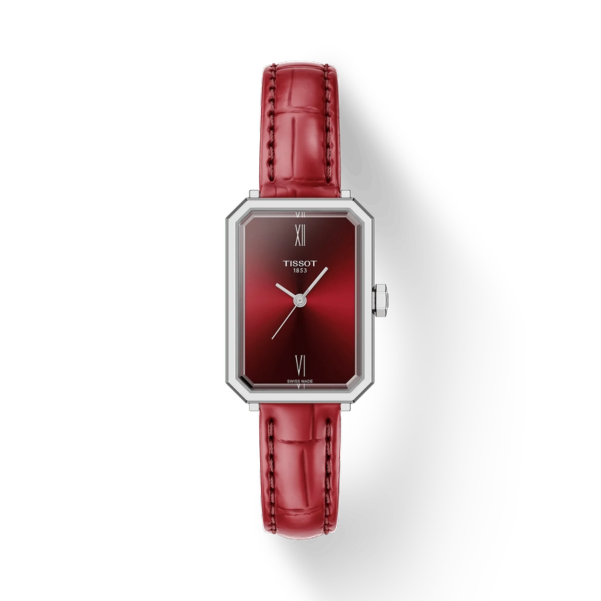 Red wristwatch with silver case on a white background