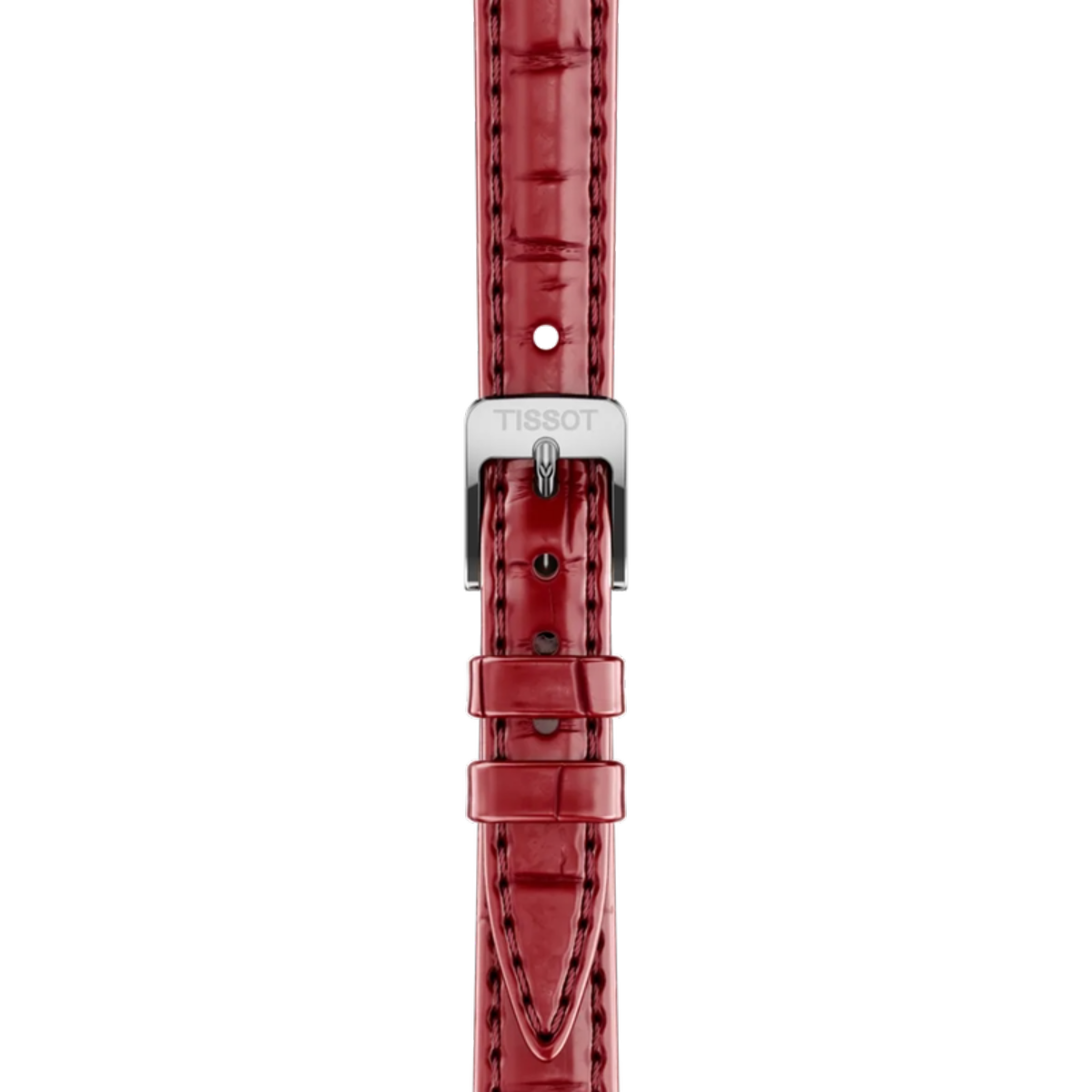 Red watch strap with silver Tissot logo on a white background