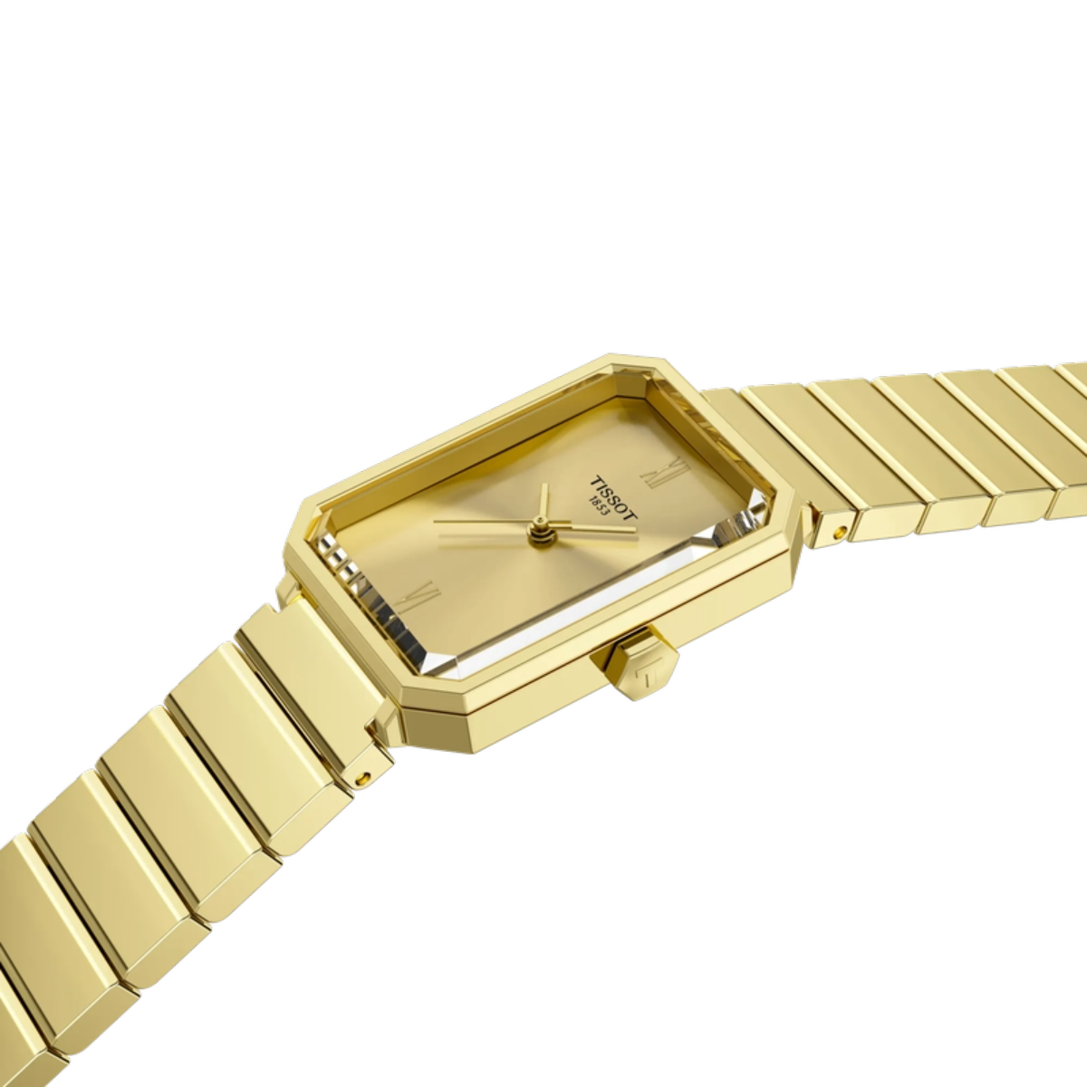 Gold watch with a rectangular face on a white background