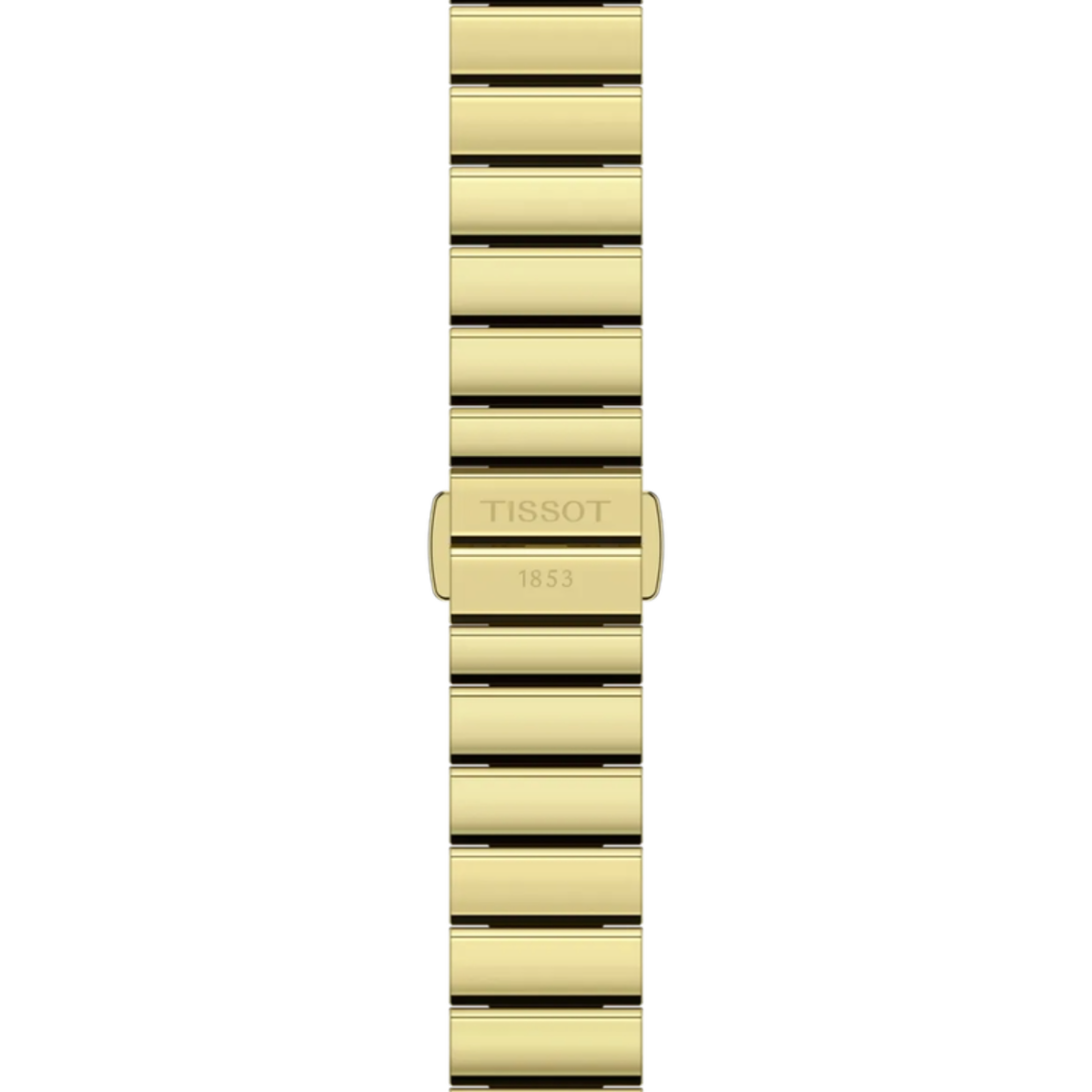 Gold watch strap with Tissot logo on a white background