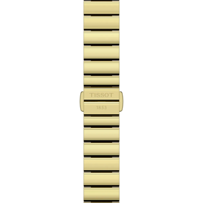 Gold watch strap with Tissot logo on a white background