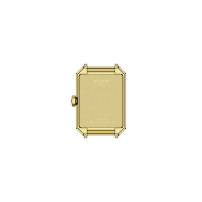 Gold watch case with Tissot logo on a white background
