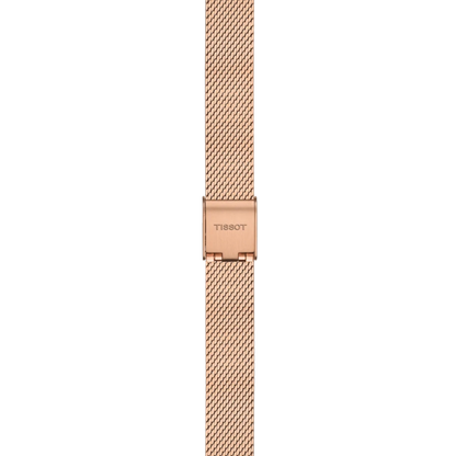 Rose gold watch strap with Tissot logo on a white background