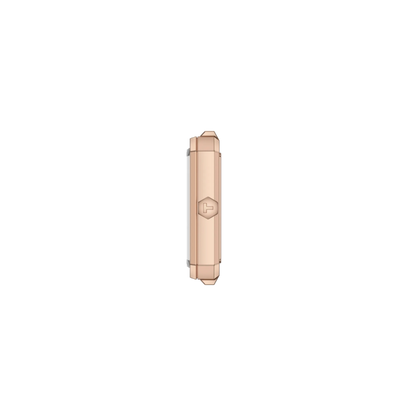 Rose gold watch case on a white background
