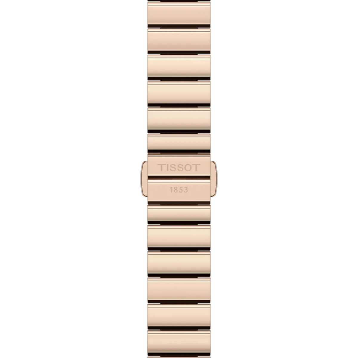 Rose gold watch band with Tissot logo on a white background