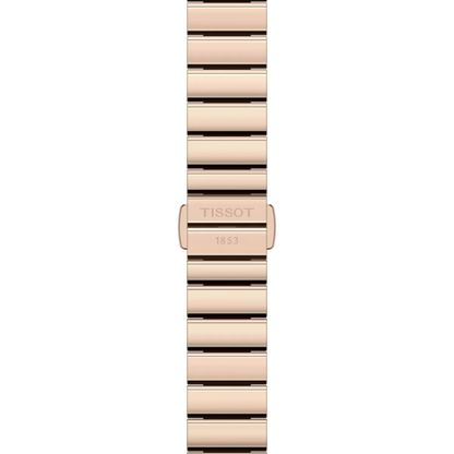 Rose gold watch band with Tissot logo on a white background