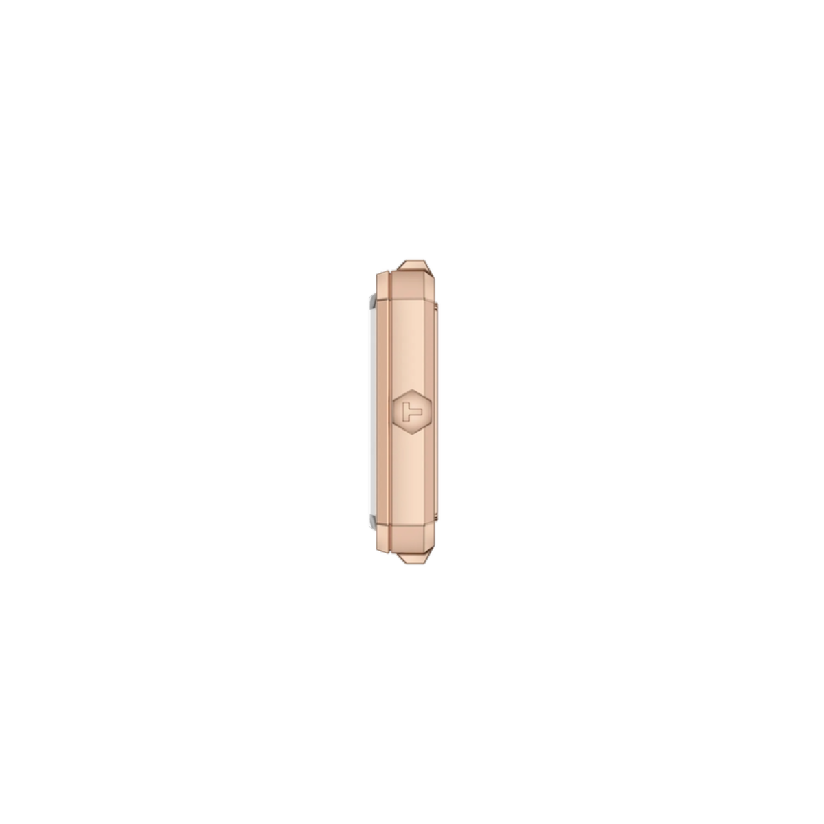 Rose gold watch case on a white background