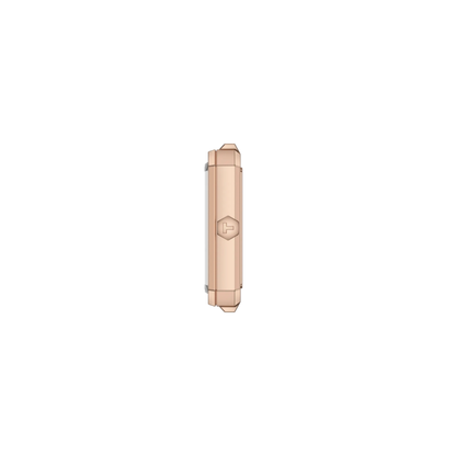 Rose gold watch case on a white background