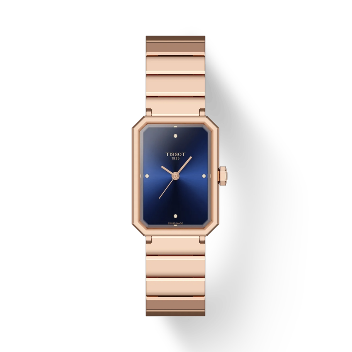 Rose gold watch with blue face on a white background