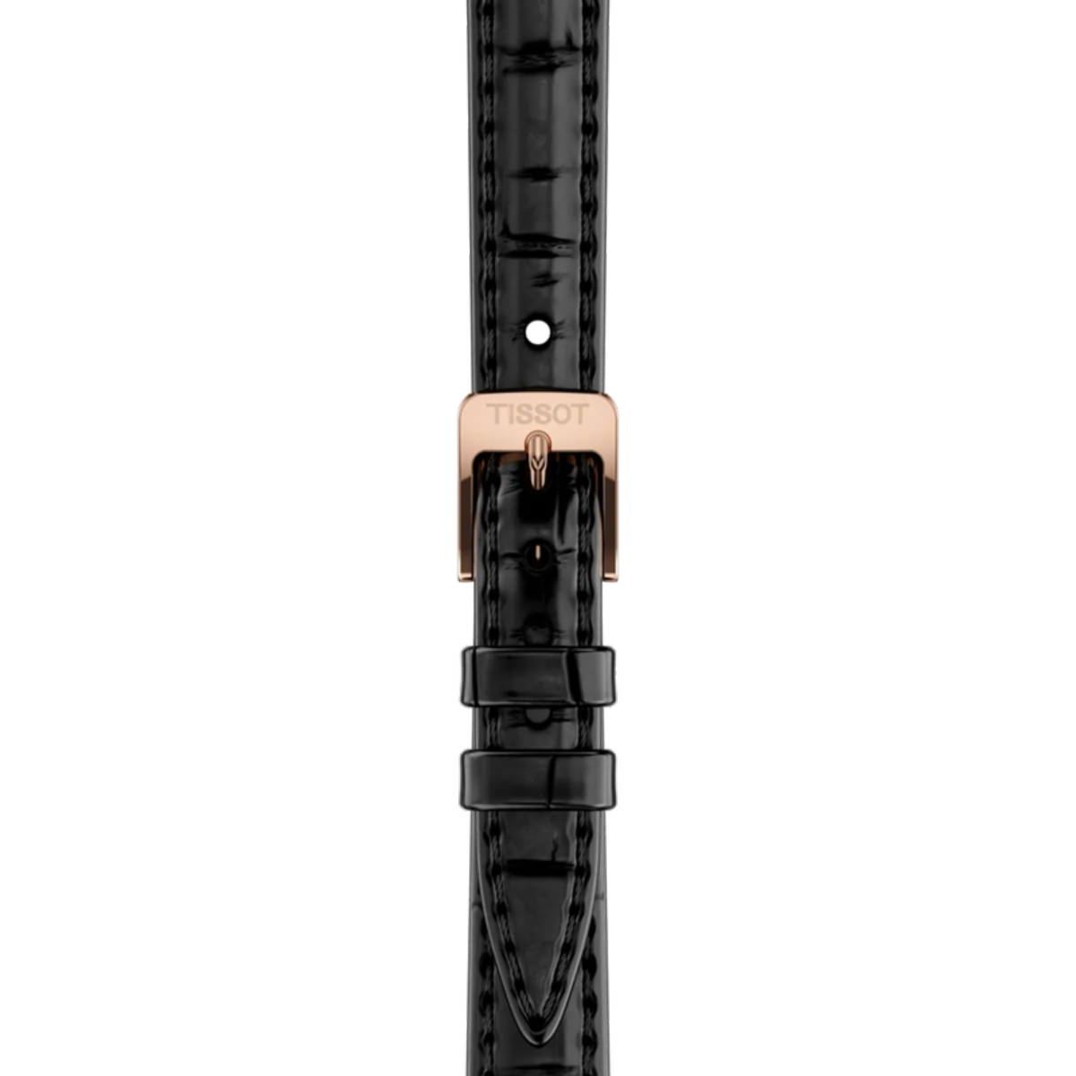 Black crocodile-patterned watch strap with rose gold buckle on a white background