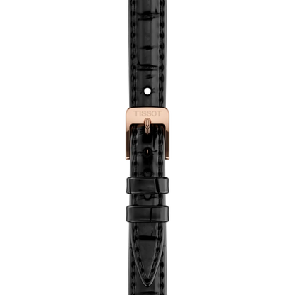 Black crocodile-patterned watch strap with rose gold buckle on a white background