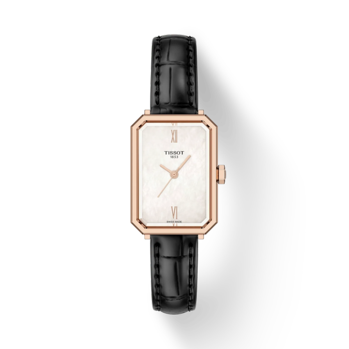 Tissot watch with black strap and rose gold case on white background