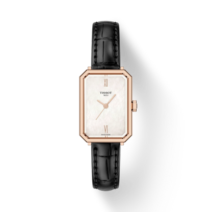Tissot watch with black strap and rose gold case on white background