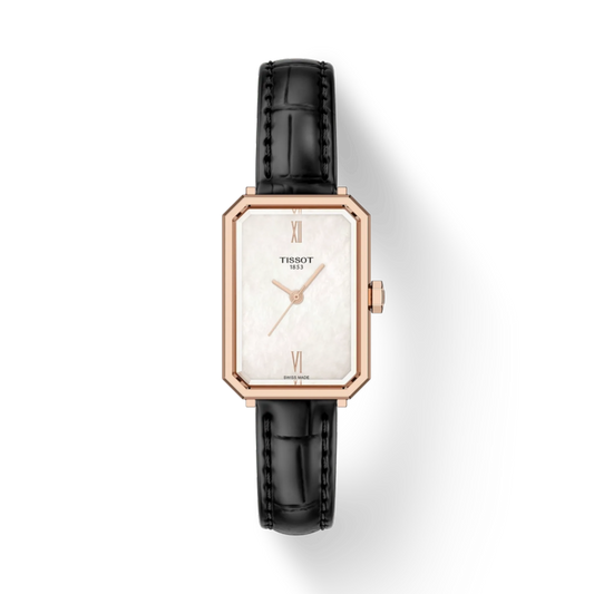Tissot watch with black strap and rose gold case on white background