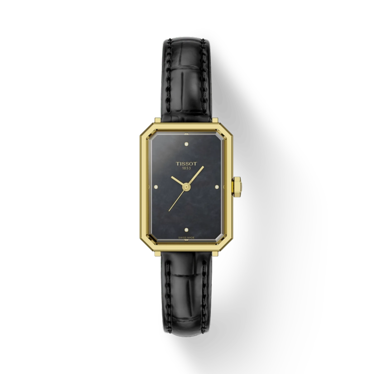 Tissot watch with black strap and gold case on a white background