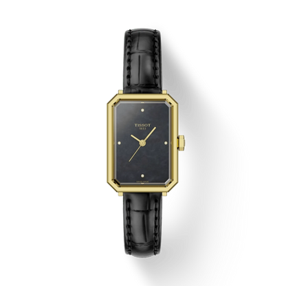 Tissot watch with black strap and gold case on a white background