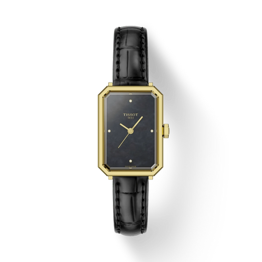 Tissot watch with black strap and gold case on a white background
