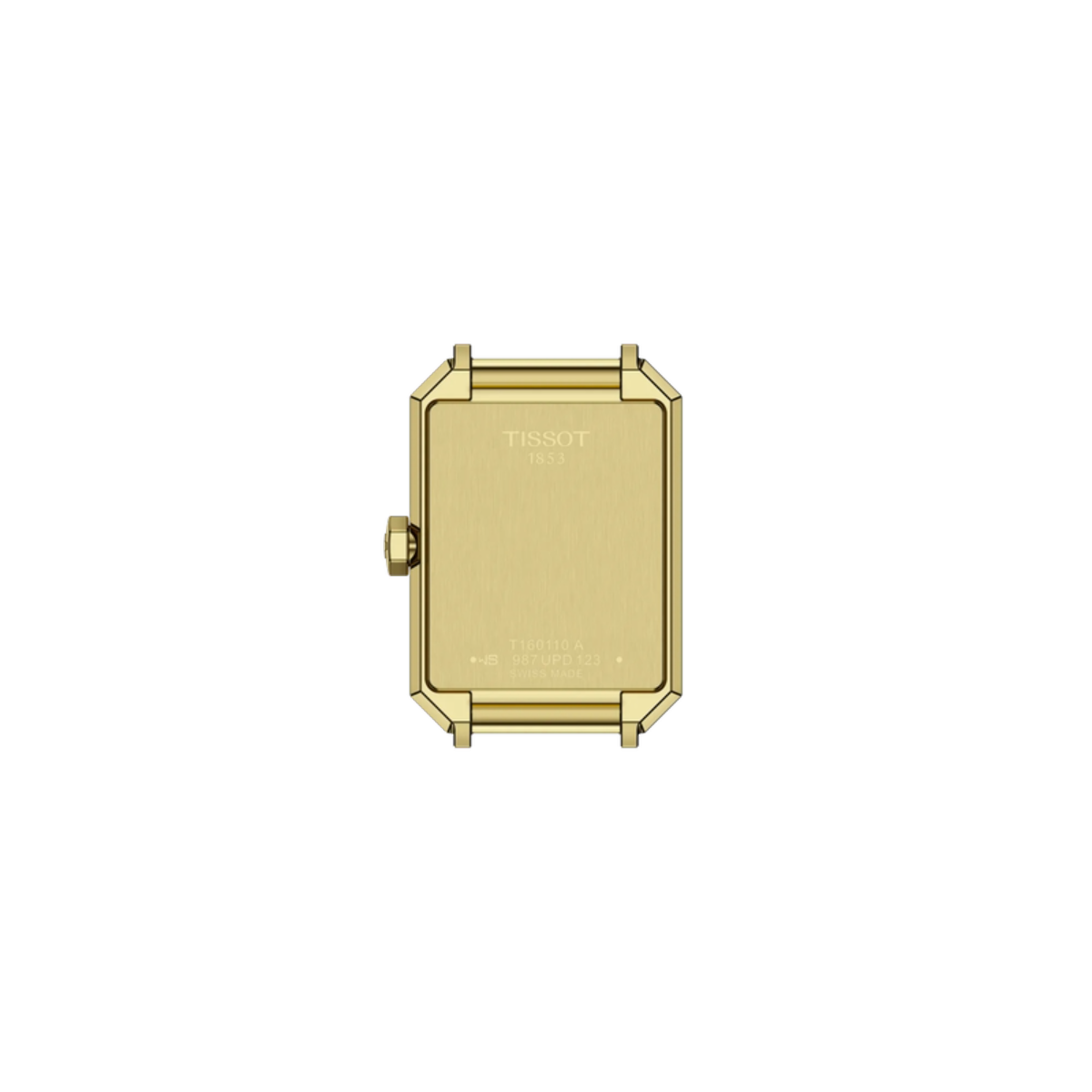 Gold watch case with Tissot logo on a white background