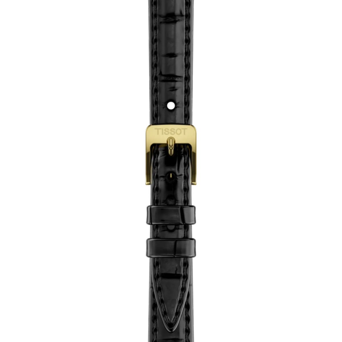 Black watch strap with gold buckle on a white background