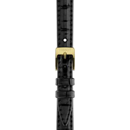 Black watch strap with gold buckle on a white background