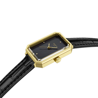 Gold-framed watch with black face and strap on a white background