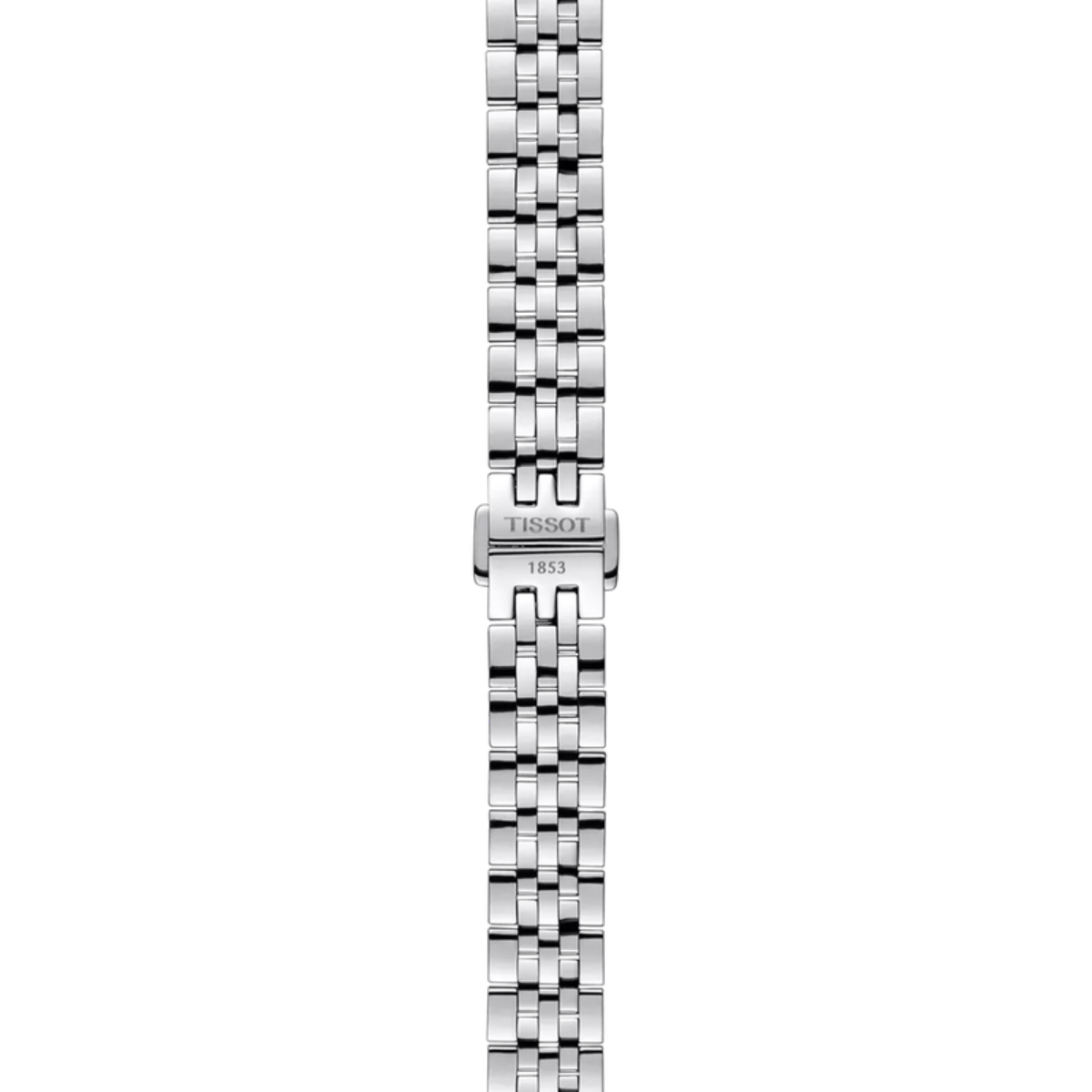 Silver watch strap with Tissot logo on a white background