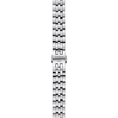 Silver watch strap with Tissot logo on a white background