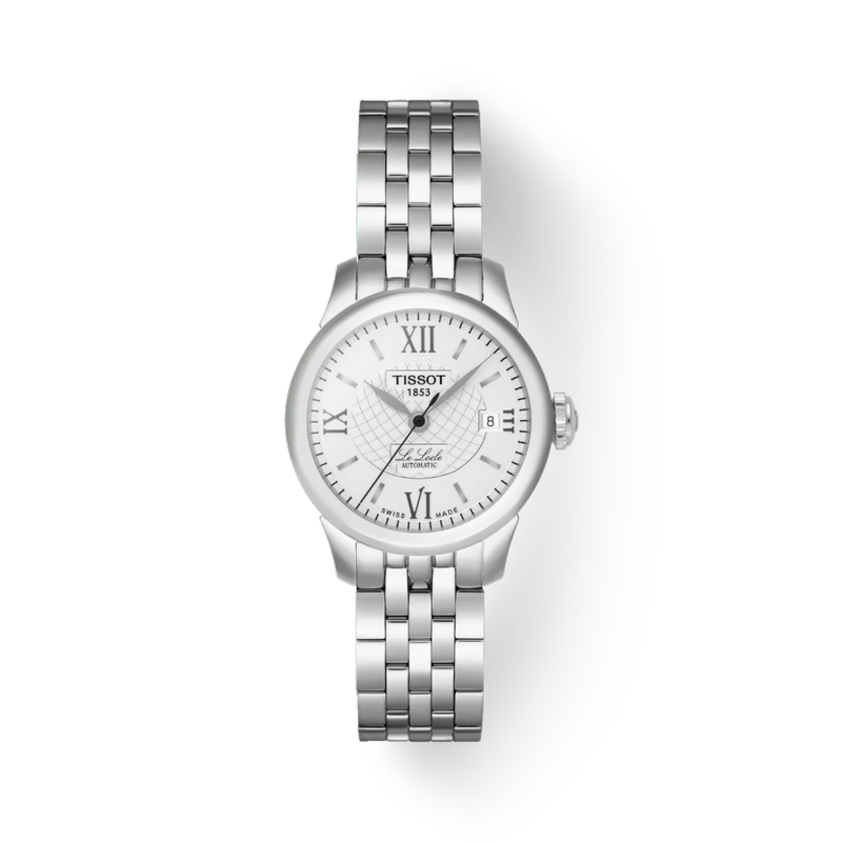 Silver Tissot watch with a white face on a light gray background