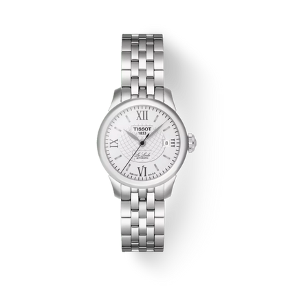 Silver Tissot watch with a white face on a light gray background