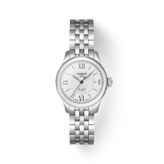 Silver Tissot watch with a white face on a light gray background