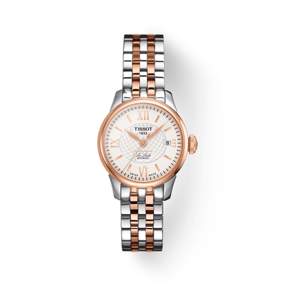 Tissot watch with two-tone rose gold and silver bracelet on a white background