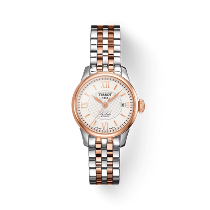 Tissot watch with two-tone rose gold and silver bracelet on a white background
