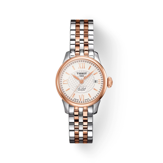Tissot watch with two-tone rose gold and silver bracelet on a white background