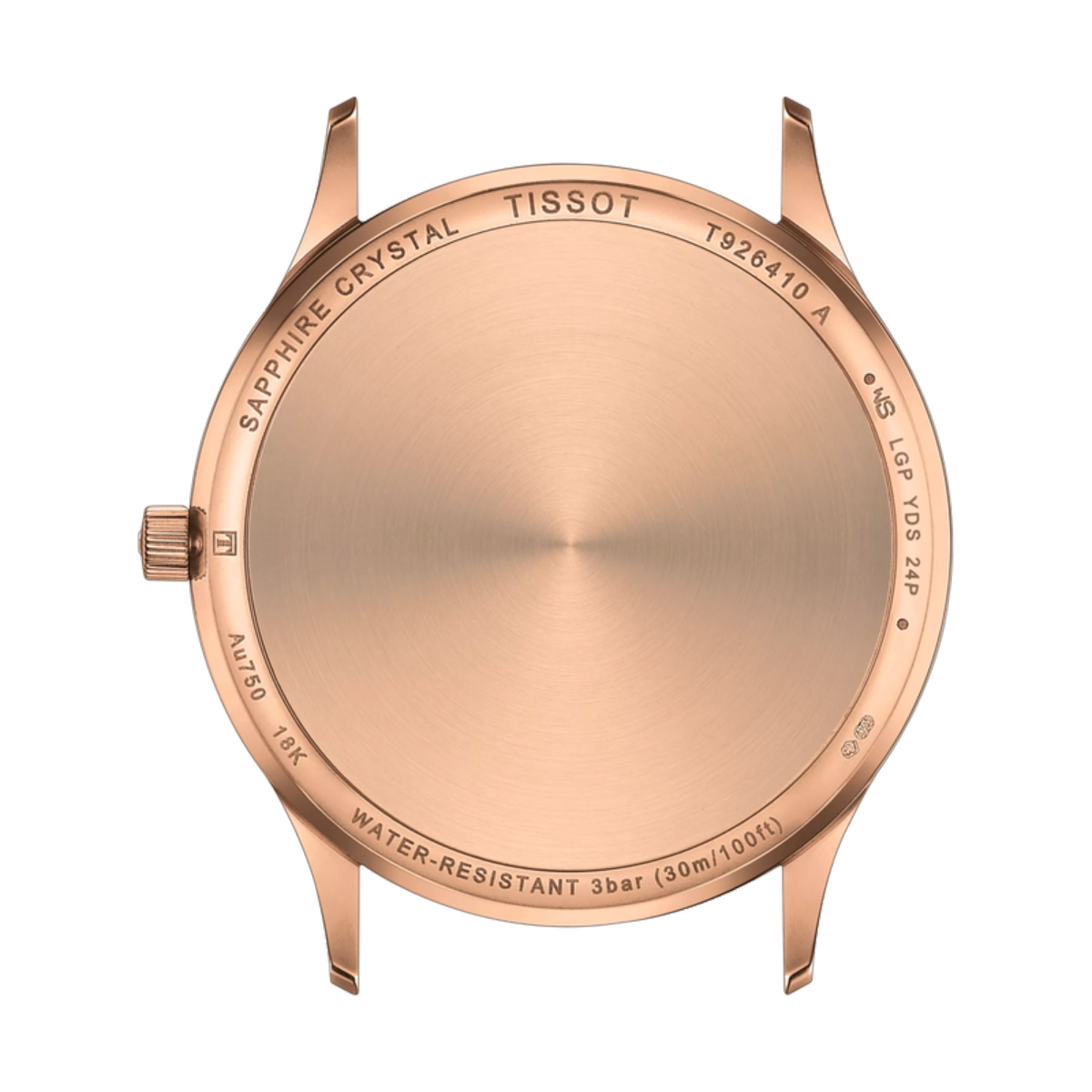 Rose gold Tissot watch face on a white background