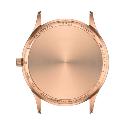 Rose gold Tissot watch face on a white background
