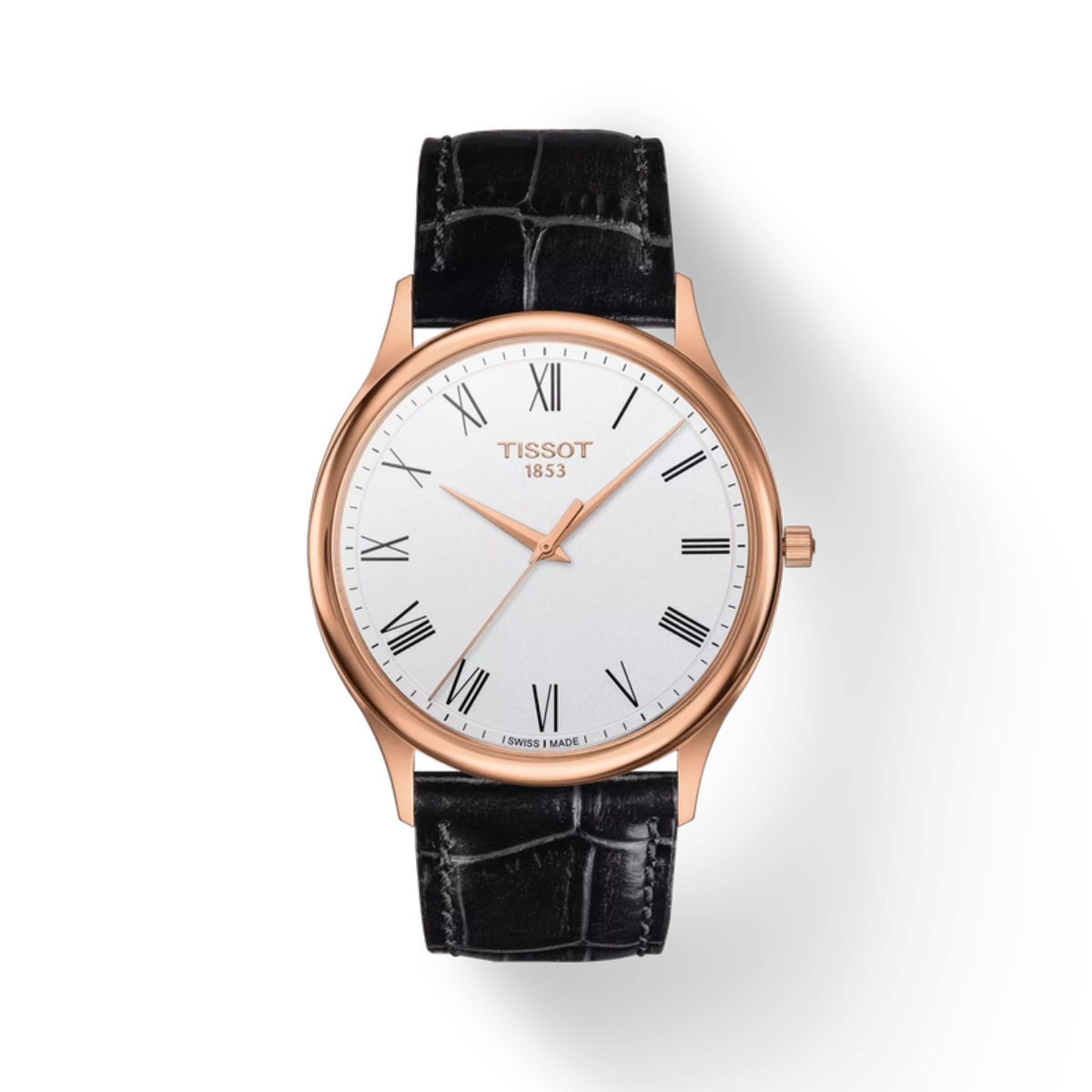 Tissot watch with black leather strap and white dial on a light gray background