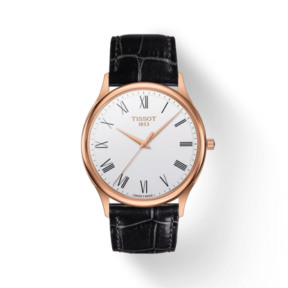 Tissot watch with black leather strap and white dial on a light gray background