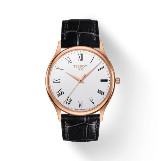 Tissot watch with black leather strap and white dial on a light gray background