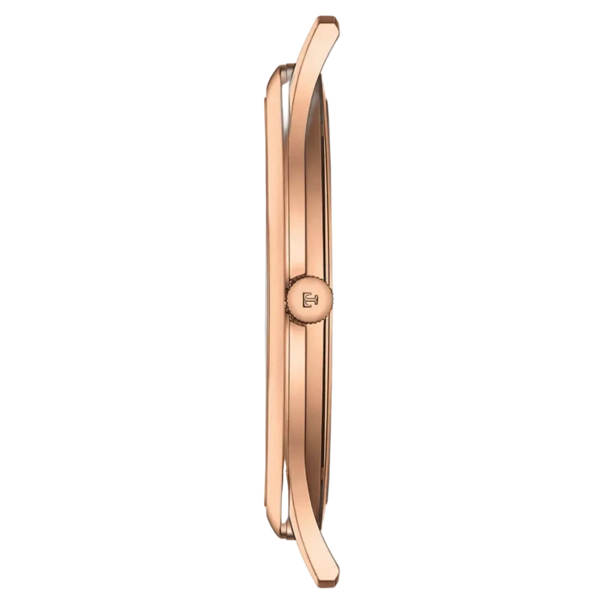 Rose gold watch with a white background