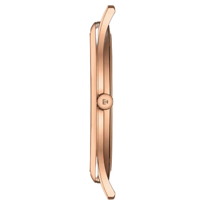 Rose gold watch with a white background