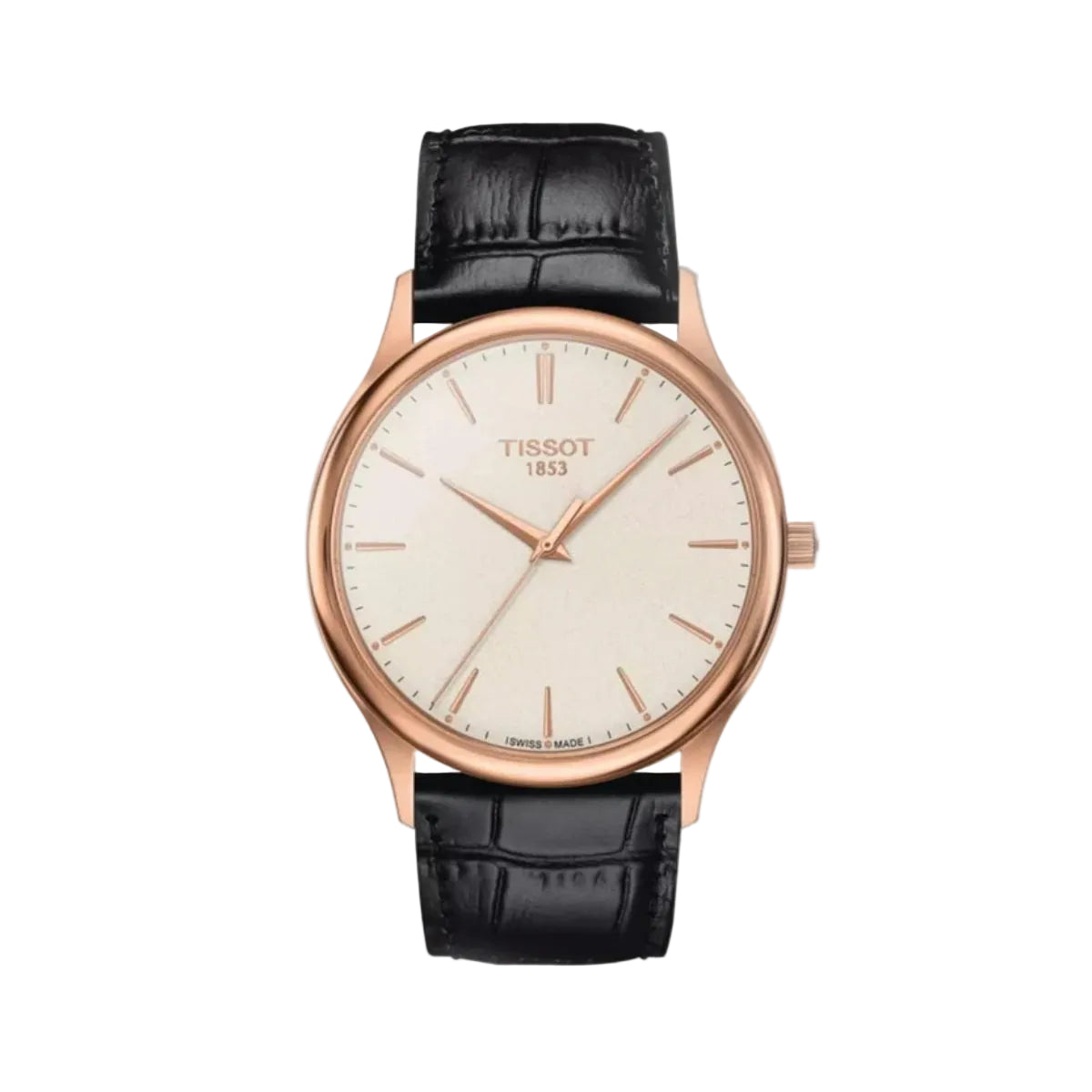 Tissot watch with black leather strap and rose gold case on white background