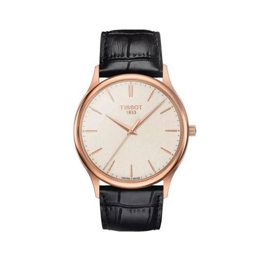 Tissot watch with black leather strap and rose gold case on white background